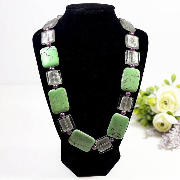 Vintage LEMON CHRYSOPRASE Necklace Green Purple with Clear Glass Beads 22” - Picture 7 of 7